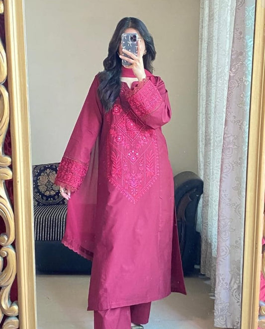 Dark Maroon Embroidered Kurta with Trouser